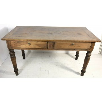 ANTICO TAVOLO 1800 NOCE MASSELLO PRANZO GAMBA ROTONDA 2 CASSETTI OLD TABLE EPOCA