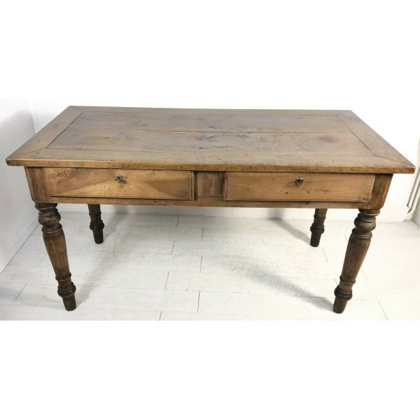 ANTICO TAVOLO 1800 NOCE MASSELLO PRANZO GAMBA ROTONDA 2 CASSETTI OLD TABLE  EPOCA