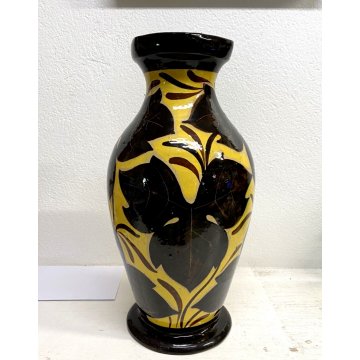 GRANDE VASO CERAMICA DECO' GIALLO BRUNO DECORO MOTIVO VEGETALE 43 cm/h ANNI '30