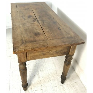 ANTICO TAVOLO 1800 NOCE MASSELLO PRANZO GAMBA ROTONDA 2 CASSETTI OLD TABLE EPOCA