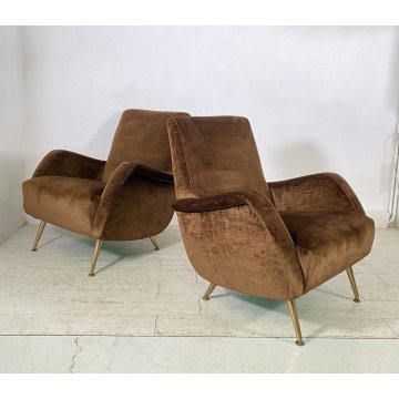 ITALY ARMCHAIR BROWN COPPIA POLTRONE DESIGN ANNI 60/70 SALOTTO STOFFA MARRONE