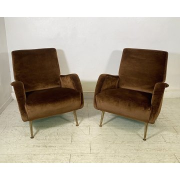 ITALY ARMCHAIR BROWN COPPIA POLTRONE DESIGN ANNI 60/70 SALOTTO STOFFA MARRONE