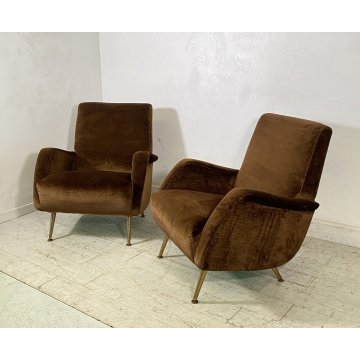 ITALY ARMCHAIR BROWN COPPIA POLTRONE DESIGN ANNI 60/70 SALOTTO STOFFA MARRONE