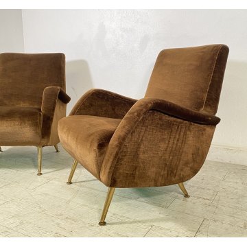 ITALY ARMCHAIR BROWN COPPIA POLTRONE DESIGN ANNI 60/70 SALOTTO STOFFA MARRONE