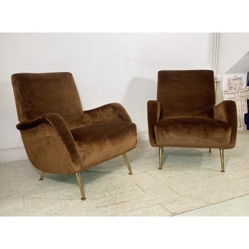 ITALY ARMCHAIR BROWN COPPIA POLTRONE DESIGN ANNI 60/70 SALOTTO STOFFA MARRONE