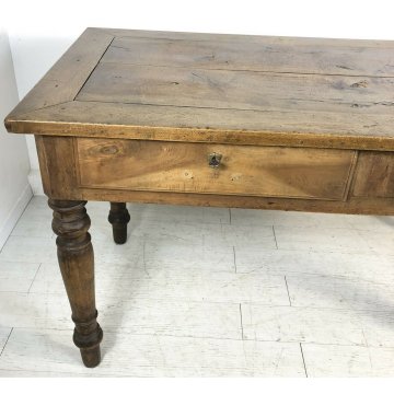 ANTICO TAVOLO 1800 NOCE MASSELLO PRANZO GAMBA ROTONDA 2 CASSETTI OLD TABLE EPOCA