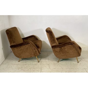 ITALY ARMCHAIR BROWN COPPIA POLTRONE DESIGN ANNI 60/70 SALOTTO STOFFA MARRONE