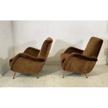 ITALY ARMCHAIR BROWN COPPIA POLTRONE DESIGN ANNI 60/70 SALOTTO STOFFA MARRONE