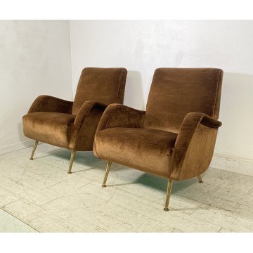 ITALY ARMCHAIR BROWN COPPIA POLTRONE DESIGN ANNI 60/70 SALOTTO STOFFA MARRONE