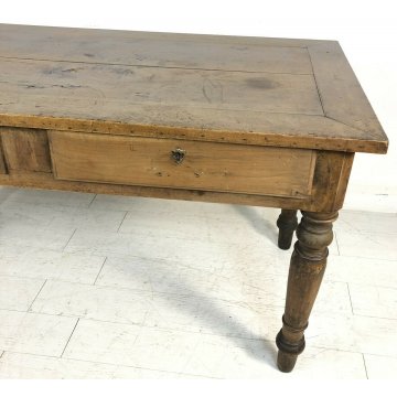 ANTICO TAVOLO 1800 NOCE MASSELLO PRANZO GAMBA ROTONDA 2 CASSETTI OLD TABLE EPOCA