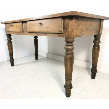 ANTICO TAVOLO 1800 NOCE MASSELLO PRANZO GAMBA ROTONDA 2 CASSETTI OLD TABLE EPOCA