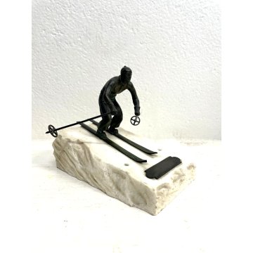 ANTICO BRONZO SCULTURA FIGURA SCIATORE TROFEO SPORT SCI MARMO BIANCO ART DECO'