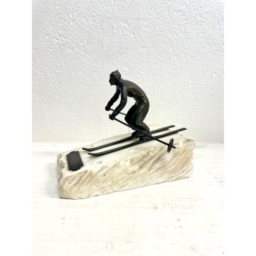 ANTICO BRONZO SCULTURA FIGURA SCIATORE TROFEO SPORT SCI MARMO BIANCO ART DECO'