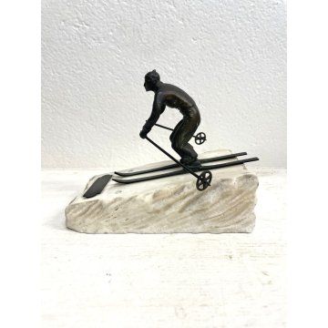 ANTICO BRONZO SCULTURA FIGURA SCIATORE TROFEO SPORT SCI MARMO BIANCO ART DECO'