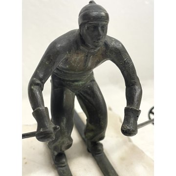 ANTICO BRONZO SCULTURA FIGURA SCIATORE TROFEO SPORT SCI MARMO BIANCO ART DECO'