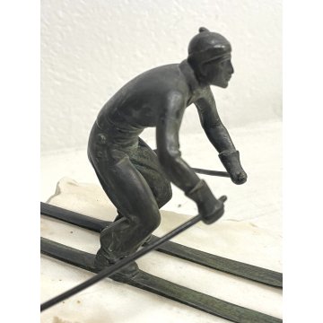 ANTICO BRONZO SCULTURA FIGURA SCIATORE TROFEO SPORT SCI MARMO BIANCO ART DECO'