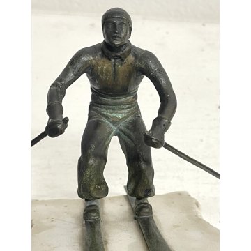 ANTICO BRONZO SCULTURA FIGURA SCIATORE TROFEO SPORT SCI MARMO BIANCO ART DECO'