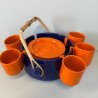 SERVIZIO TAZZINE caffè CERAMICA VINTAGE ANNI 60 PORTATILE ARANCIONE BLU bambù