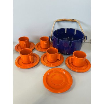 SERVIZIO TAZZINE caffè CERAMICA VINTAGE ANNI 60 PORTATILE ARANCIONE BLU bambù