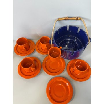 SERVIZIO TAZZINE caffè CERAMICA VINTAGE ANNI 60 PORTATILE ARANCIONE BLU bambù