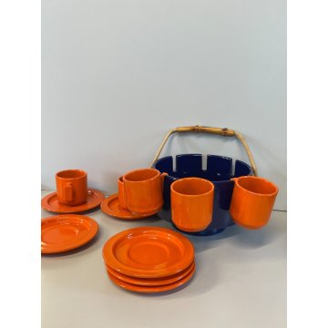 SERVIZIO TAZZINE caffè CERAMICA VINTAGE ANNI 60 PORTATILE ARANCIONE BLU bambù