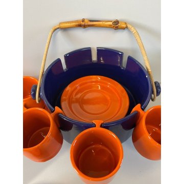 SERVIZIO TAZZINE caffè CERAMICA VINTAGE ANNI 60 PORTATILE ARANCIONE BLU bambù