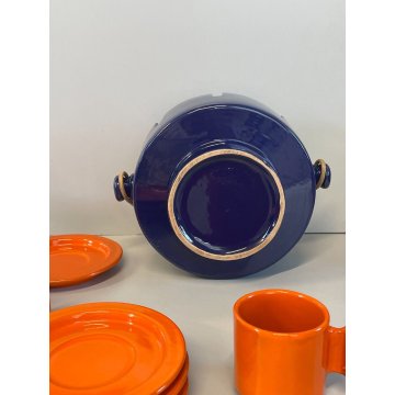 SERVIZIO TAZZINE caffè CERAMICA VINTAGE ANNI 60 PORTATILE ARANCIONE BLU bambù