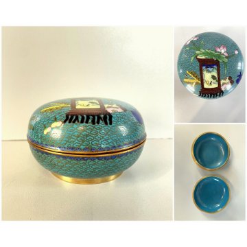 CIOTOLA BOWL con COPERCHIO CINESE CLOISONNE OTTONE SMALTO ENAMEL ORIENTE CHINA