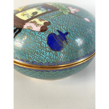 CIOTOLA BOWL con COPERCHIO CINESE CLOISONNE OTTONE SMALTO ENAMEL ORIENTE CHINA