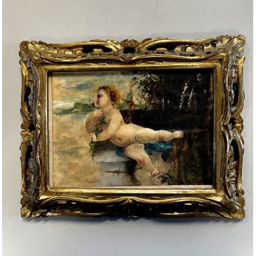 VECCHIO DIPINTO OLIO SU CARTA PUTTO BAMBINO allegoria di primavera CORNICE ORO