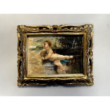 VECCHIO DIPINTO OLIO SU CARTA PUTTO BAMBINO allegoria di primavera CORNICE ORO