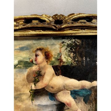 VECCHIO DIPINTO OLIO SU CARTA PUTTO BAMBINO allegoria di primavera CORNICE ORO