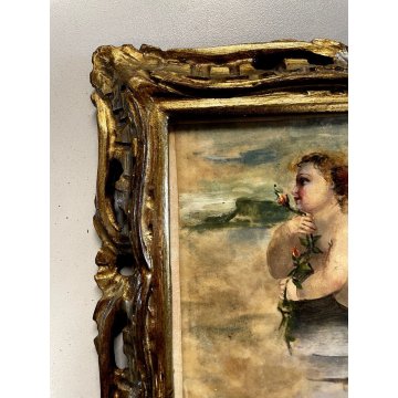 VECCHIO DIPINTO OLIO SU CARTA PUTTO BAMBINO allegoria di primavera CORNICE ORO