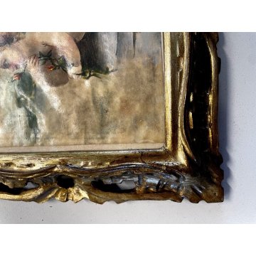 VECCHIO DIPINTO OLIO SU CARTA PUTTO BAMBINO allegoria di primavera CORNICE ORO