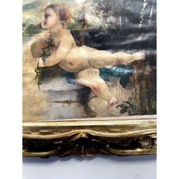 VECCHIO DIPINTO OLIO SU CARTA PUTTO BAMBINO allegoria di primavera CORNICE ORO