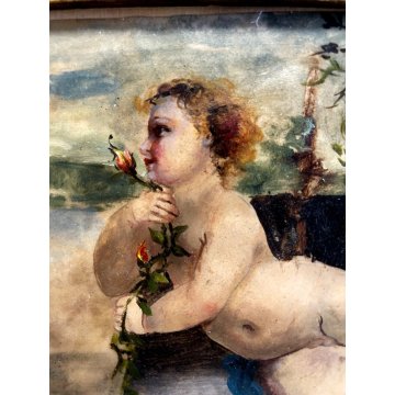 VECCHIO DIPINTO OLIO SU CARTA PUTTO BAMBINO allegoria di primavera CORNICE ORO