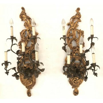 ANTICA COPPIA GRANDI APLIQUE LAMPADE MURO FERRO BATTUTO CANDELE LEGNO LUME EPOCA