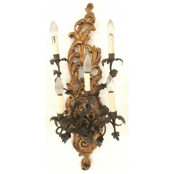 ANTICA COPPIA GRANDI APLIQUE LAMPADE MURO FERRO BATTUTO CANDELE LEGNO LUME EPOCA