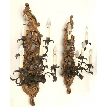 ANTICA COPPIA GRANDI APLIQUE LAMPADE MURO FERRO BATTUTO CANDELE LEGNO LUME EPOCA