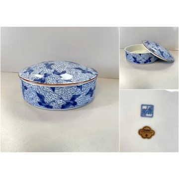 SCATOLA PORCELLANA con COPERCHIO BIANCA DECORO BLU AIRONI CHINOISERIE ø16cm '900