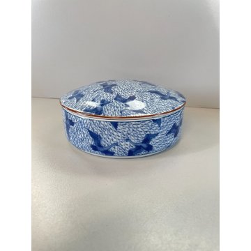 SCATOLA PORCELLANA con COPERCHIO BIANCA DECORO BLU AIRONI CHINOISERIE ø16cm '900