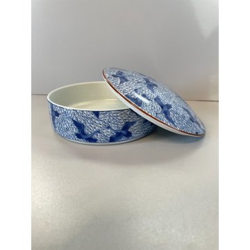 SCATOLA PORCELLANA con COPERCHIO BIANCA DECORO BLU AIRONI CHINOISERIE ø16cm '900