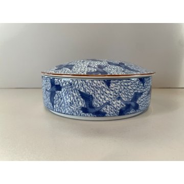 SCATOLA PORCELLANA con COPERCHIO BIANCA DECORO BLU AIRONI CHINOISERIE ø16cm '900