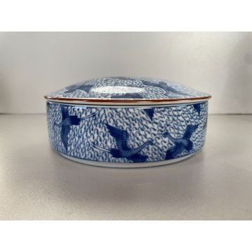 SCATOLA PORCELLANA con COPERCHIO BIANCA DECORO BLU AIRONI CHINOISERIE ø16cm '900