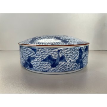 SCATOLA PORCELLANA con COPERCHIO BIANCA DECORO BLU AIRONI CHINOISERIE ø16cm '900