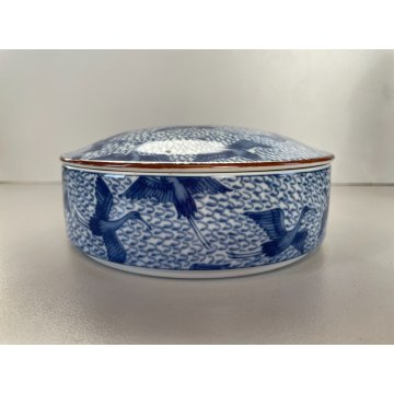 SCATOLA PORCELLANA con COPERCHIO BIANCA DECORO BLU AIRONI CHINOISERIE ø16cm '900