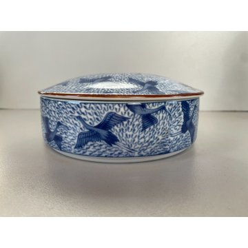 SCATOLA PORCELLANA con COPERCHIO BIANCA DECORO BLU AIRONI CHINOISERIE ø16cm '900