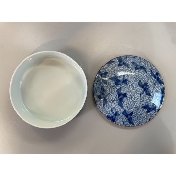 SCATOLA PORCELLANA con COPERCHIO BIANCA DECORO BLU AIRONI CHINOISERIE ø16cm '900