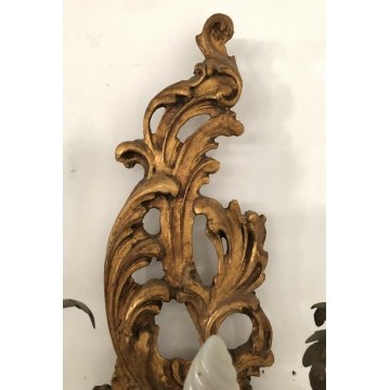 ANTICA COPPIA GRANDI APLIQUE LAMPADE MURO FERRO BATTUTO CANDELE LEGNO LUME EPOCA