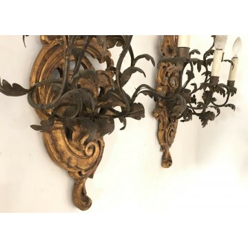 ANTICA COPPIA GRANDI APLIQUE LAMPADE MURO FERRO BATTUTO CANDELE LEGNO LUME EPOCA